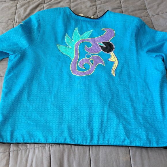 VTG Maggie Barnes Plus Size 3X Lined Artsy Embroidered Blue Jacket - Picture 2 of 8